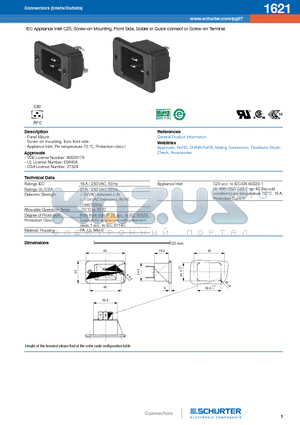 1621 datasheet - IEC Appliance Inlet C20, Screw-on Mounting, Front Side, Solder or Quick-connect or Screw-on Terminal