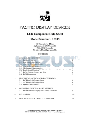 16215 datasheet - 16 Character by 2 Line Alphanumeric LCD Assembly With COG Controller No internal backlight assembly