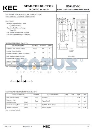 B20A60VIC datasheet - SCHOTTKY BARRIER TYPE DIODE STACK (SWITCHING TYPE POWER SUPPLY, CONVERTER & CHOPPER)
