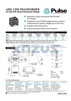 B2133 datasheet - ADSL LINE TRANSFORMER For Use with Texas Instruments Chipset