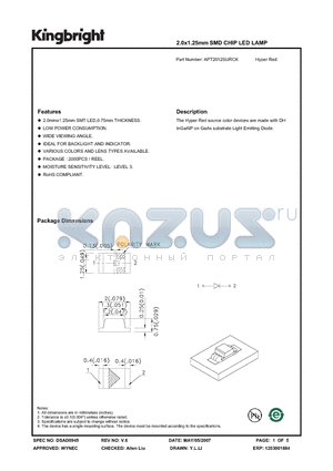 APT2012SURCK datasheet - 2.0x1.25mm SMD CHIP LED LAMP