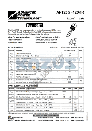 APT20GF120KR datasheet - The Fast IGBT is a new generation of high voltage power IGBTs.