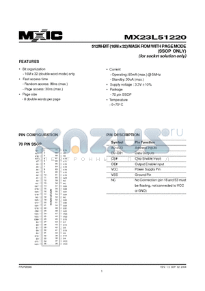 23L51220-90 datasheet - 512M-BIT (16M x 32) MASK ROM WITH PAGE MODE (SSOP ONLY) (for socket solution only)