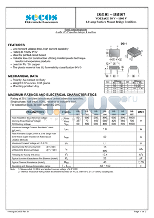 DB101 datasheet - 1.0 Amp Surface Mount Bridge Rectifiers