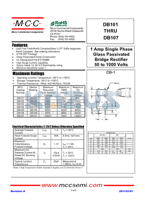 DB101 datasheet - 1 Amp Single Phase Glass Passivated Bridge Rectifier 50 to 1000 Volts