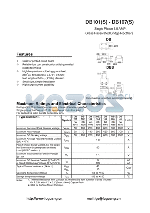 DB101 datasheet - Single Phase 1.0 AMP Glass Passivated Bridge Rectifiers