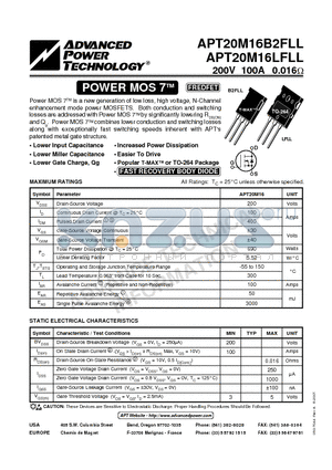 APT20M16LFLL datasheet - Power MOS 7TM is a new generation of low loss, high voltage, N-Channel enhancement mode power MOSFETS.