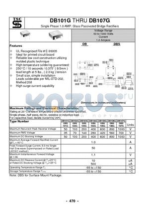 DB101G datasheet - Single Phase 1.0 AMP. Glass Passivated Bridge Rectifiers