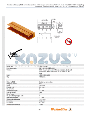 1624150000 datasheet - SL 7.62/2/90 3.2SN OR