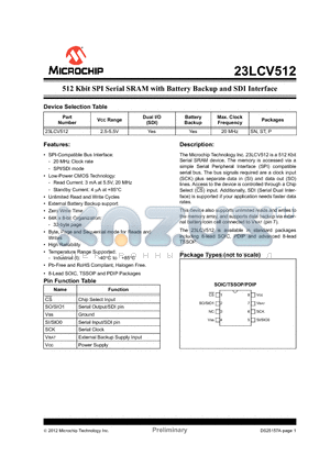 23LCV512 datasheet - 512 Kbit SPI Serial SRAM with Battery Backup and SDI Interface