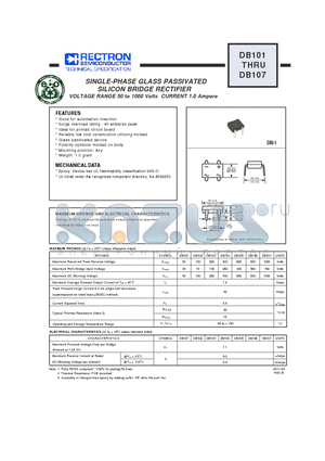 DB101_11 datasheet - SINGLE-PHASE GLASS PASSIVATED SILICON BRIDGE RECTIFIER VOLTAGE RANGE 50 to 1000 Volts CURRENT 1.0 Ampere