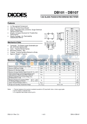 DB102 datasheet - 1.0A GLASS PASSIVATED BRIDGE RECTIFIER