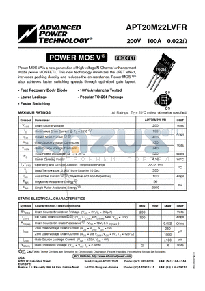 APT20M22LVFR datasheet - Power MOS V is a new generation of high voltage N-Channel enhancement mode power MOSFETs.