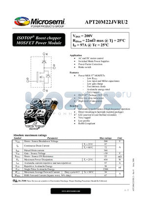 APT20M22JVRU2 datasheet - ISOTOP Boost chopper MOSFET Power Module