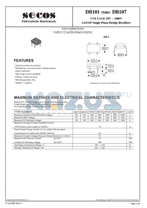 DB102 datasheet - 1.0AMP Single Phase Bridge Rectifiers