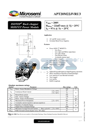 APT20M22JVRU3 datasheet - ISOTOP Buck chopper MOSFET Power Module