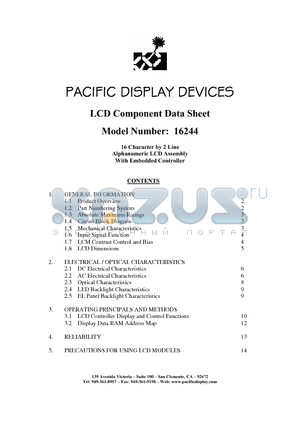 16244-BN-M-ET-LED-BG-12 datasheet - 16 Character by 2 Line Alphanumeric LCD Assembly With Embedded Controller