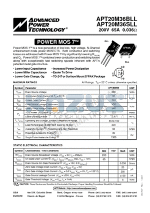 APT20M36BLL datasheet - Power MOS 7TM is a new generation of low loss, high voltage, N-Channel enhancement mode power MOSFETS.