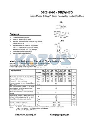 DB102G datasheet - Single Phase 1.0 AMP. Glass Passivated Bridge Rectifiers