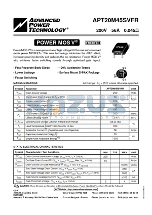 APT20M45SVFR datasheet - Power MOS V is a new generation of high voltage N-Channel enhancement mode power MOSFETs.