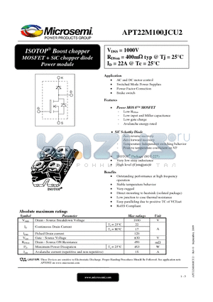 APT22M100JCU2 datasheet - ISOTOP^ Buck chopper MOSFET  SiC chopper diode Power module
