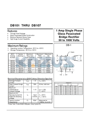 DB103 datasheet - 1 Amp Single Phase Glass Passivated Bridge Rectifier 50 to 1000 Volts