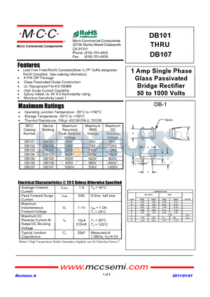 DB103 datasheet - 1 Amp Single Phase Glass Passivated Bridge Rectifier 50 to 1000 Volts