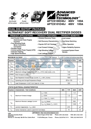 APT2X100D40J datasheet - ULTRAFAST SOFT RECOVERY DUAL RECTIFIER DIODES