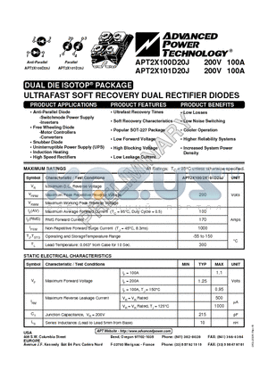 APT2X101D20J datasheet - ULTRAFAST SOFT RECOVERY DUAL RECTIFIER DIODES