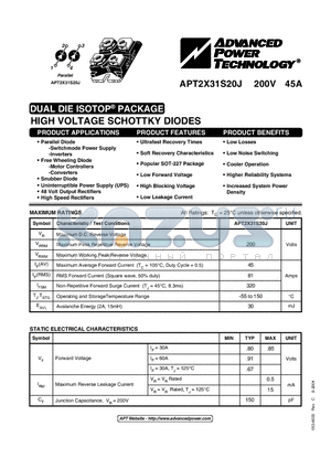 APT2X31S20J datasheet - HIGH VOLTAGE SCHOTTKY DIODES