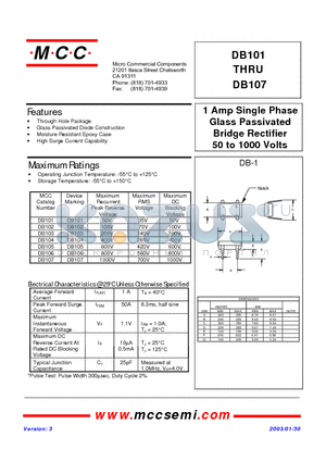 DB106 datasheet - 1 Amp Single Phase Glass Passivated Bridge Rectifier 50 to 1000 Volts