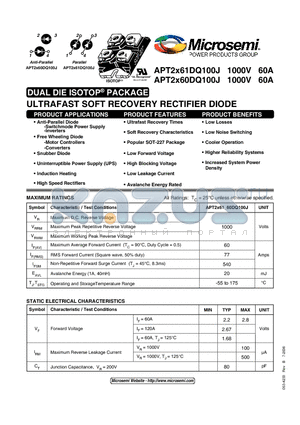 APT2X61DQ100J datasheet - ULTRAFAST SOFT RECOVERY RECTIFIER DIODE