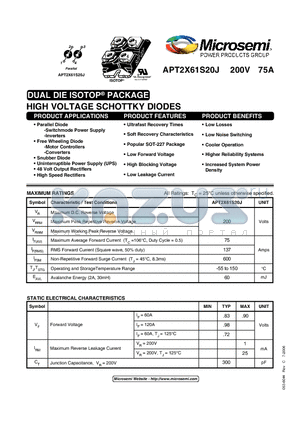 APT2X61S20J datasheet - HIGH VOLTAGE SCHOTTKY DIODES