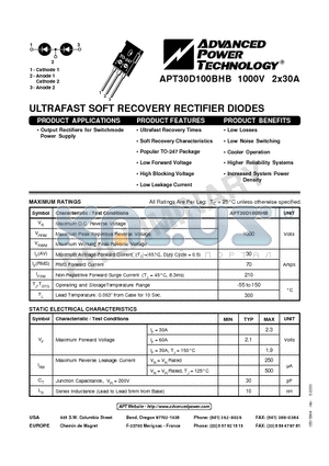 APT30D100BHB datasheet - ULTRAFAST SOFT RECOVERY RECTIFIER DIODES