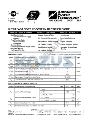 APT30D20S datasheet - ULTRAFAST SOFT RECOVERY RECTIFIER DIODE