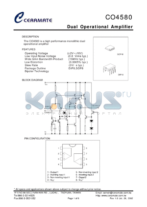 CO4580A datasheet - Dual Operational Amplifier