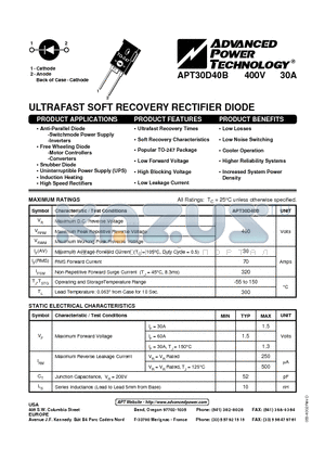 APT30D40B datasheet - ULTRAFAST SOFT RECOVERY RECTIFIER DIODE