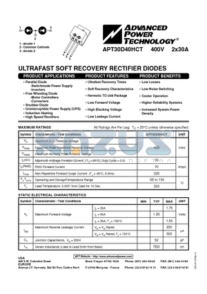 APT30D40HCT datasheet - ULTRAFAST SOFT RECOVERY RECTIFIER DIODES