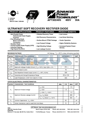 APT30D40S datasheet - ULTRAFAST SOFT RECOVERY RECTIFIER DIODE