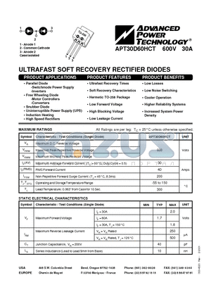 APT30D60HCT datasheet - ULTRAFAST SOFT RECOVERY RECTIFIER DIODES