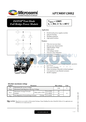 APT30DF120HJ datasheet - ISOTOP Fast Diode Full Bridge Power Module