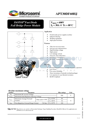 APT30DF60HJ datasheet - ISOTOP Fast Diode Full Bridge Power Module