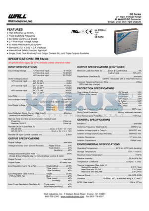 DB12S1.5-12 datasheet - 2:1 Input Voltage Range 40 Watt DC/DC Converter Single, Dual, and Triple Outputs