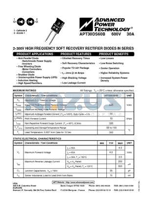 APT30DS60B datasheet - 2-300V HIGH FREQUENCY SOFT RECOVERY RECTIFIER DIODES IN SERIES