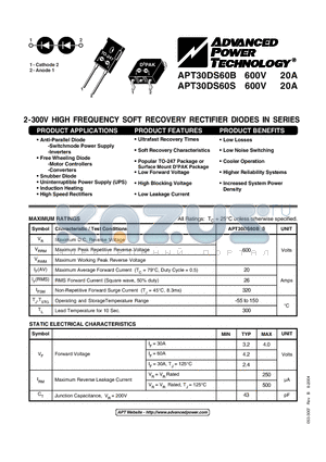 APT30DS60S datasheet - 2-300V HIGH FREQUENCY SOFT RECOVERY RECTIFIER DIODES IN SERIES