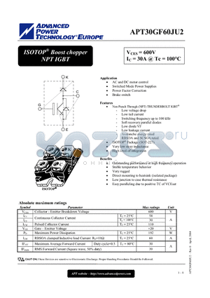 APT30GF60JU2 datasheet - ISOTOP Boost chopper NPT IGBT