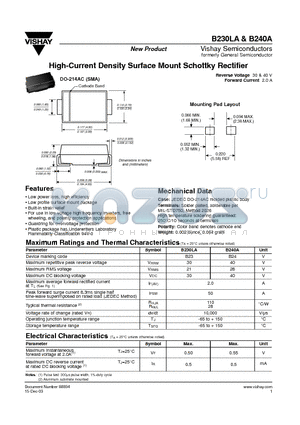 B230LA datasheet - High-Current Density Surface Mount Schottky Rectifier