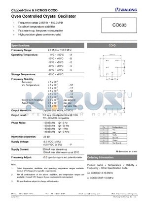 CO603 datasheet - Oven Controlled Crystal Oscillator