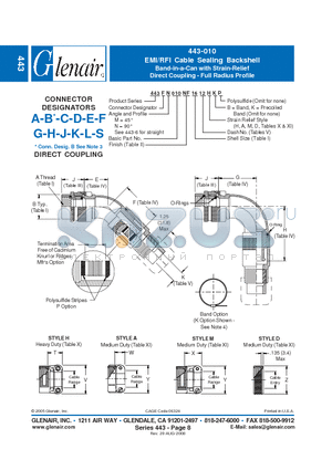 443AM010NF08 datasheet - EMI/RFI Cable Sealing Backshell