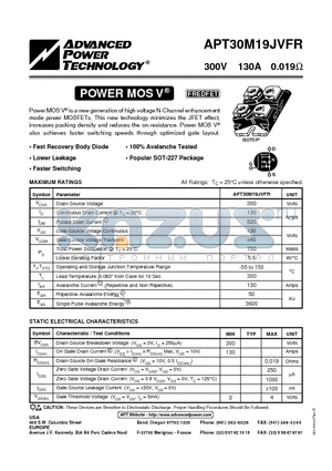 APT30M19JVFR datasheet - Power MOS V is a new generation of high voltage N-Channel enhancement mode power MOSFETs